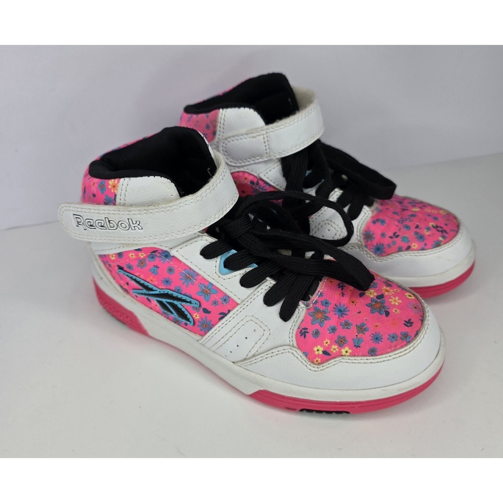 Reebok‎ Leather & Pink White Floral Hi Top Big Girls Shoe Size 2  #10572